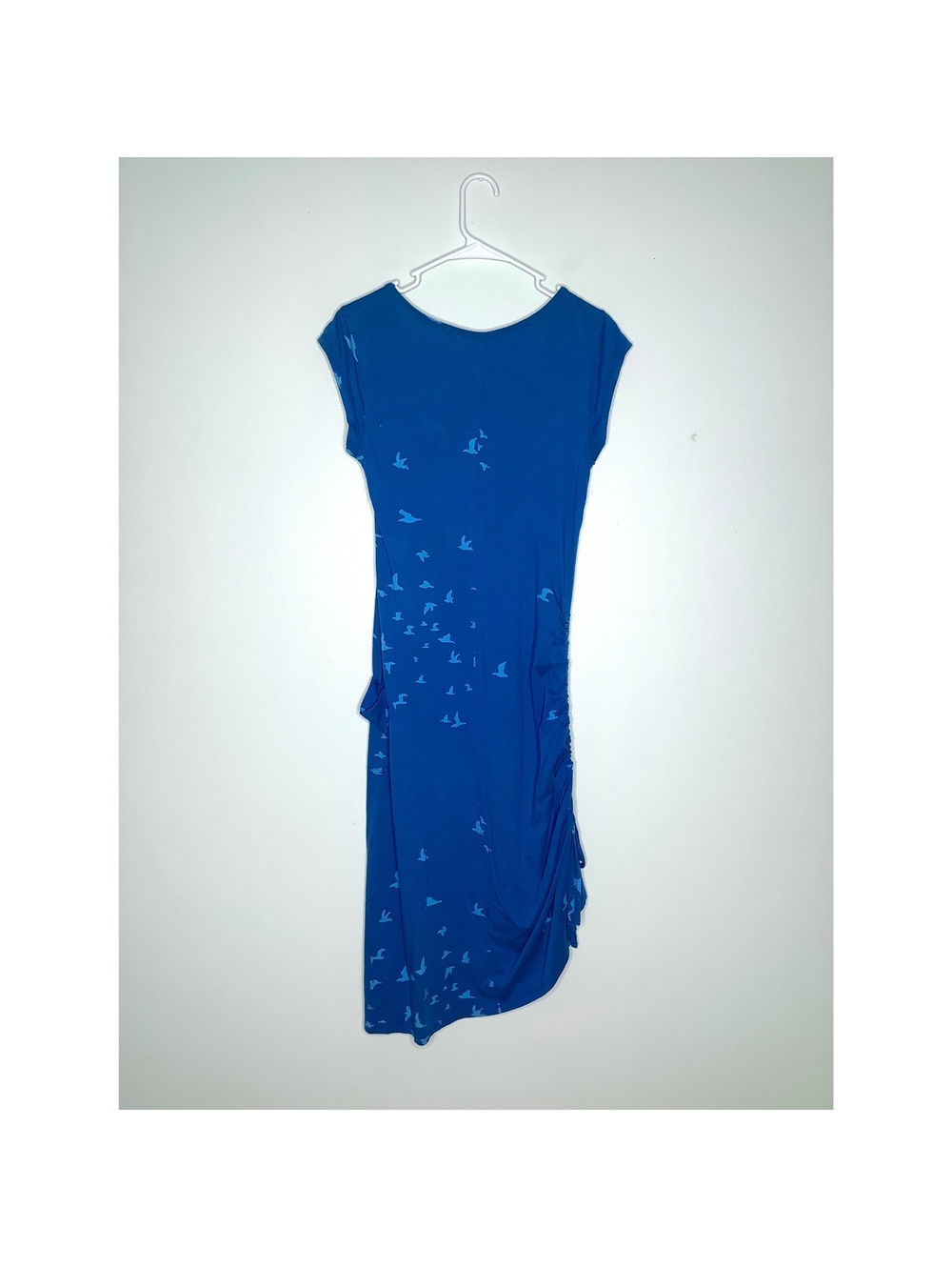 < Toad & Co. Muse Dress Blue Bird Design With Gathered Side Hem > - Picture 5 of 8